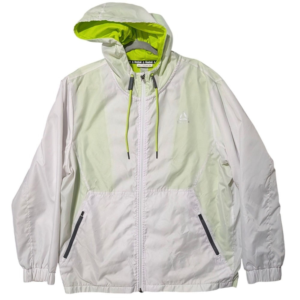 Reebok Mens XL White Neon Lime Green Mesh Lined Hooded Windbreaker Jacket Zip